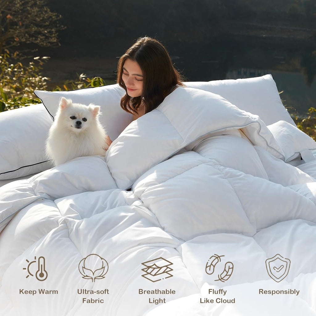 Luxury Oversized King Down Feather Fibers Comforter, Soft Cotton Blend Cover, High Fill Power Medium