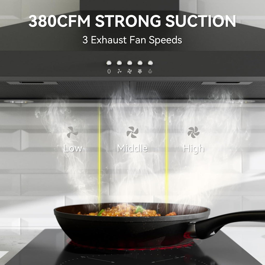 30 Inch Black Stainless Steel Wall Mount Range Hood 380 CFM 3 Speed LED Lights Convertible Ducted/Ductless