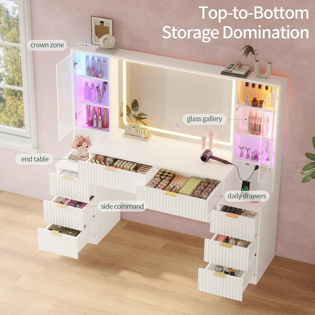 Big Vanity Desk, Fluted Makeup Vanity with Mirror Lights, Dressing Table | Large, Charging Station, Sound Sync