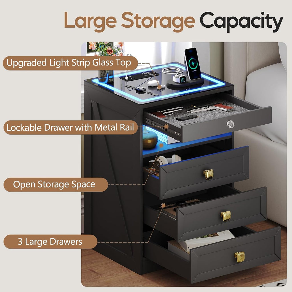 Smart Nightstand with Lockable Gun Drawer,Farmhouse Bedside Table with Charging Station and 3 LED Lights, Modern