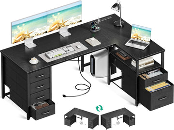 L Shaped Computer Desk with 6 Drawers & Power Outlet, 55 Inch Corner Desk with Reversible Storage Shelf & File Drawer