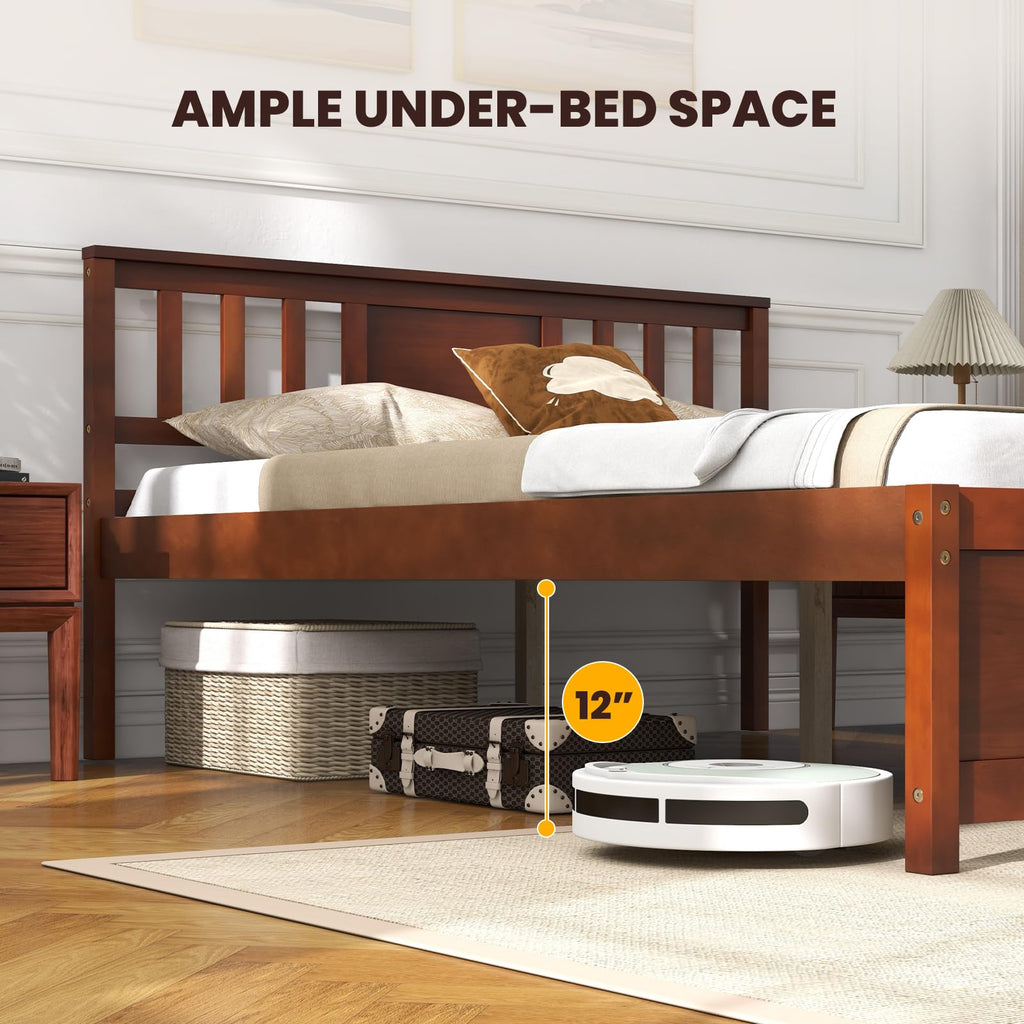 Full Size Solid Wood Platform Bed Frame, Mid Century Full Bed Frame with Headboard, Wood Slat Support, Double Panel