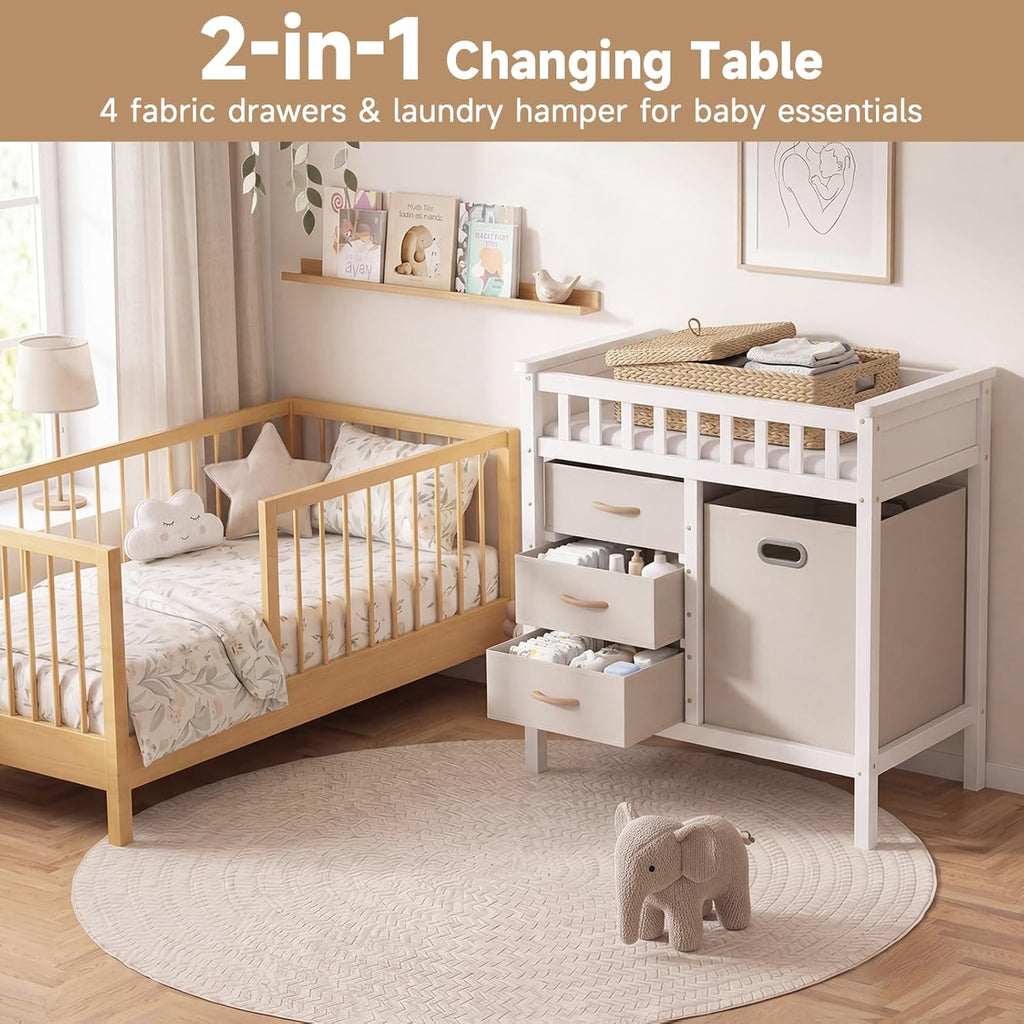 Wooden Baby Changing Table with Comfy Changing Pad, 3 Fabric Drawers, Laundry Hamper, Safety Belt, Diaper Station