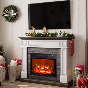 44" Electric Fireplace Mantel, Farmhouse TV Stand w/ 23" Heater, Brown
