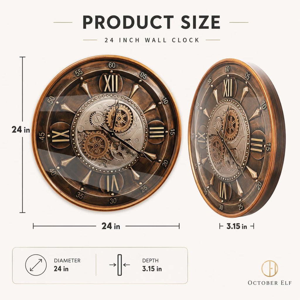 24 Inch Wall Clock, Brown with Roman Numerals
