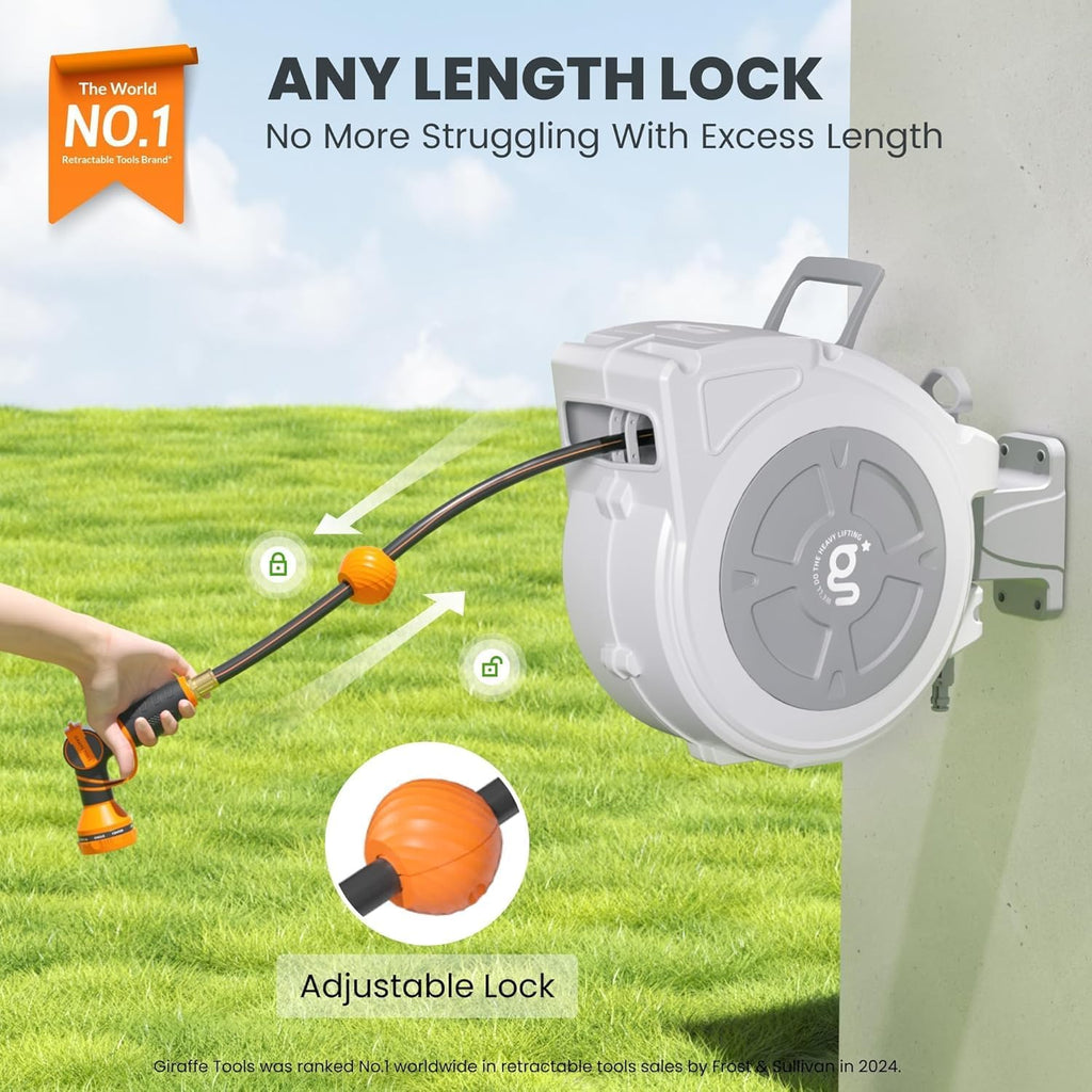 Retractable Hose Reel 1/2" x 65 ft Wall Mount Auto Rewind | Garden Hose Reel Heavy Duty,Any Length Lock,Auto Rewind