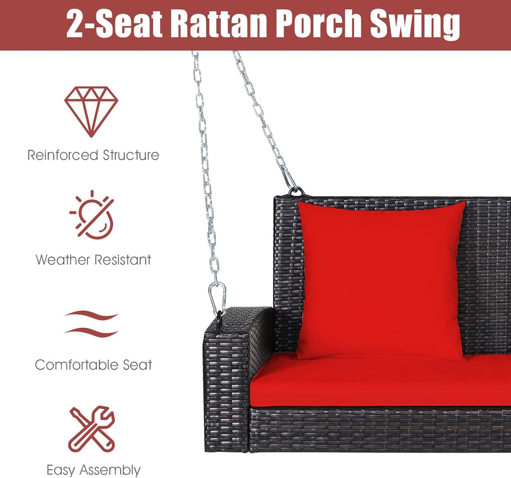 2-Person Wicker Porch Swing, Patiojoy Outdoor Rattan Hanging Swing Bench W/ 2 Back Cushions & 1 Seat Cushion, Sturdy