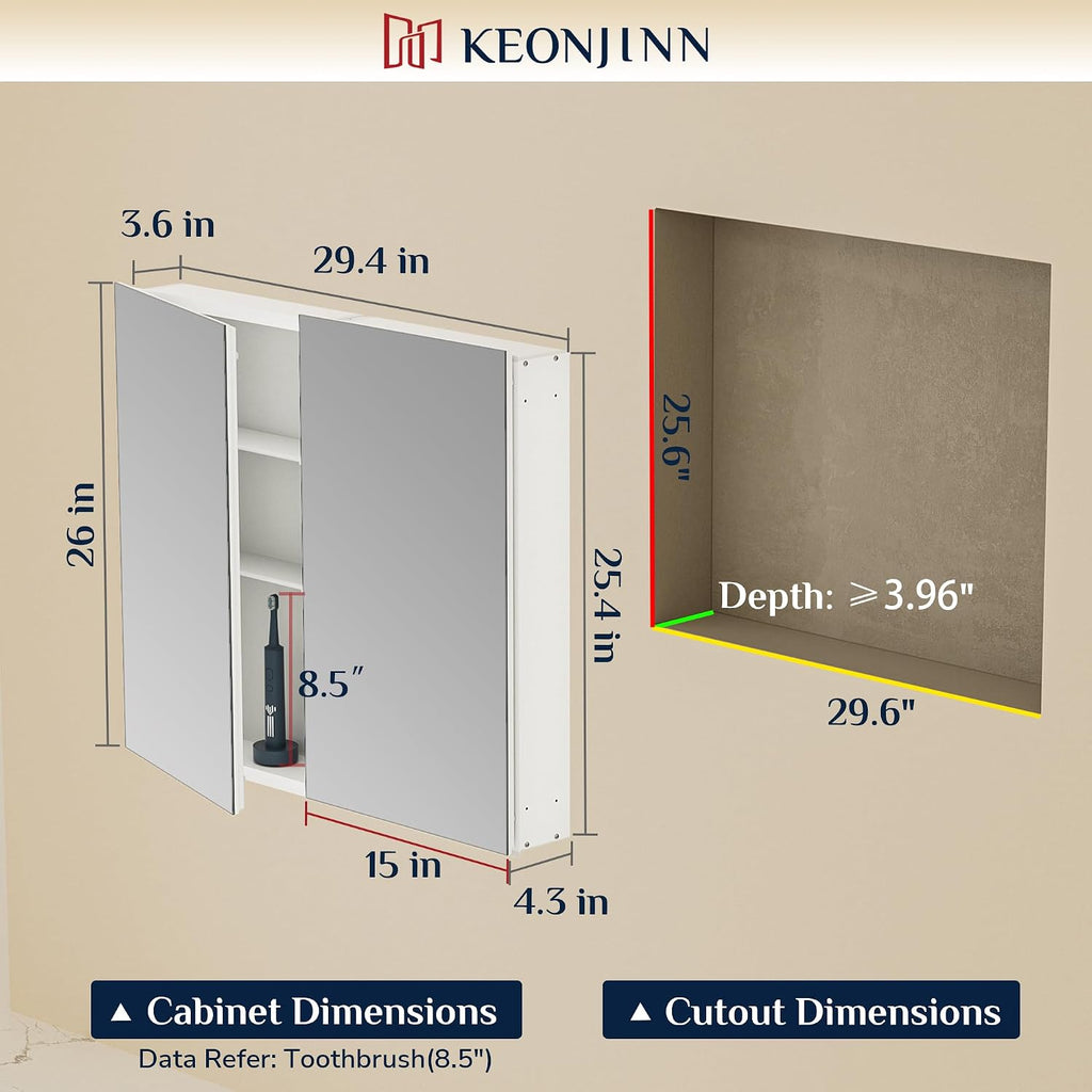 30 x 26 Inch Bathroom Medicine Cabinet with Mirror, Ample Storage