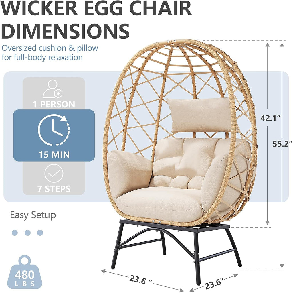 Wicker Egg Chair Outdoor, Oversized Patio Lounge Chairs with Cushion for Indoor Living Room, Bedroom, Outside