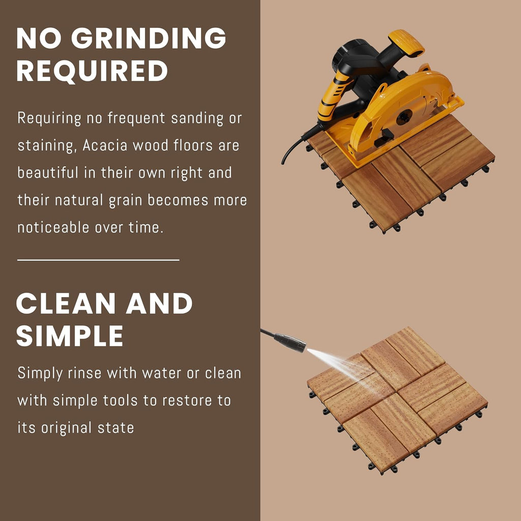 27 PCS 12" X 12" Acacia Deck Tiles, Waterproof Interlocking Deck Tiles for Indoor/Outdoor Wood Flooring, Easy DIY Snap