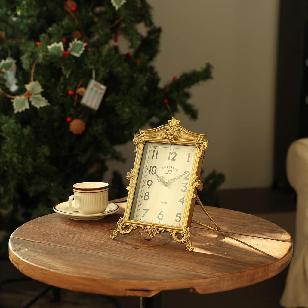 HOME Vintage Gold Table Clock, Silent Non-Ticking Battery Operated Retro Desk Shelf Mantel Small Metal Clock for