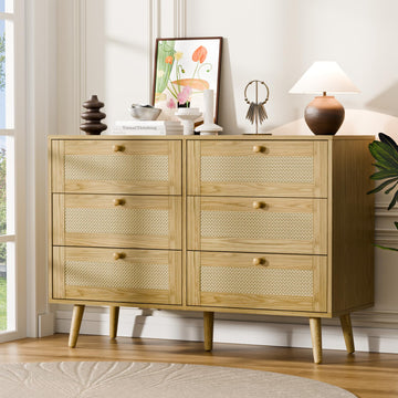 6 Drawer Dresser, Rattan Chest of Drawers, Oak