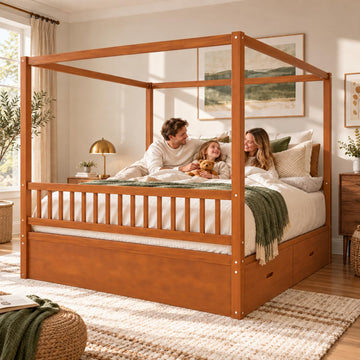 Queen Size Wood Canopy Bed Frame, Walnut Vintage Four-Posters Frames