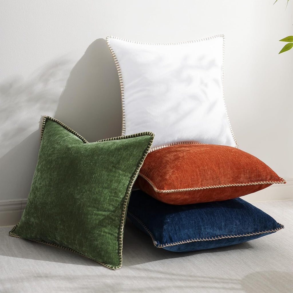 Chenille Soft Cozy Throw Pillow Covers 18x18 Set of 2, Modern Farmhouse Boho Velvet Decorative Pillow Cases with