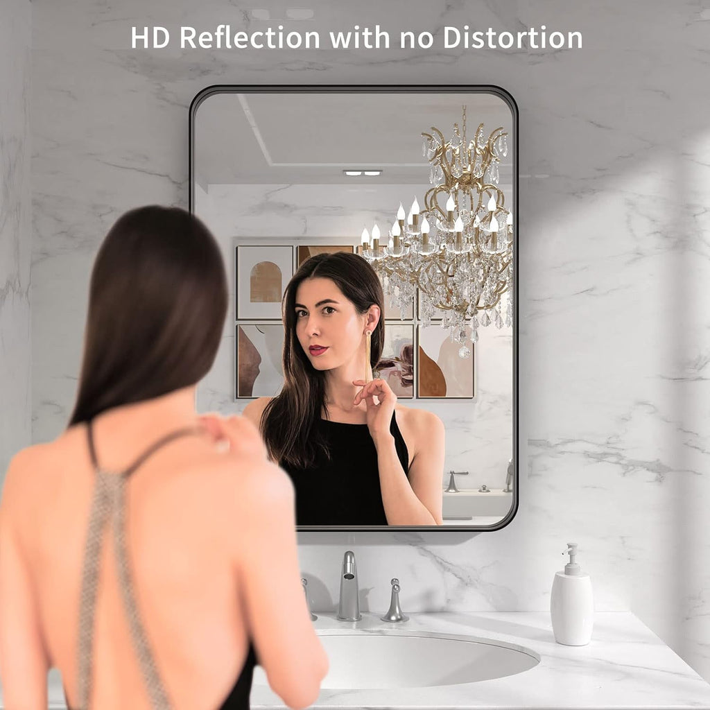 Black Metal Framed Bathroom Mirror for Wall, 22X30 Inch Rounded Rectangle Mirror, Matte Black Bathroom Vanity Mirror