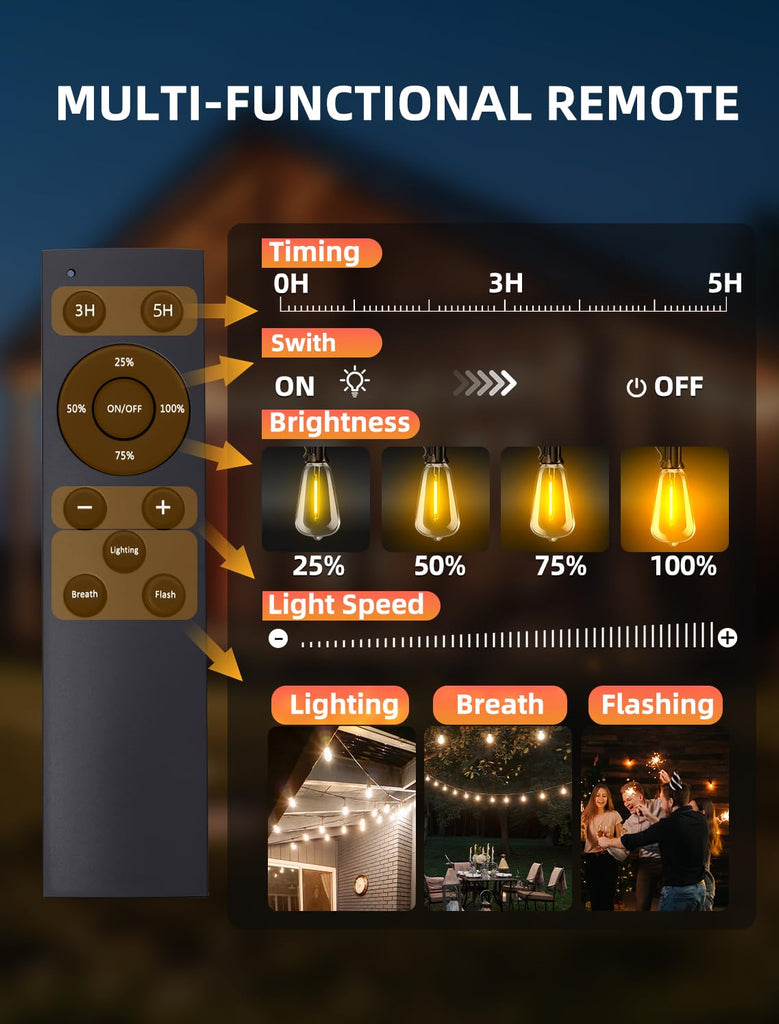 Outdoor Patio String Lights: 150Ft 45M Outside Waterproof Light - Remote Dimmable ST38 Shatterproof Bulb Connectable