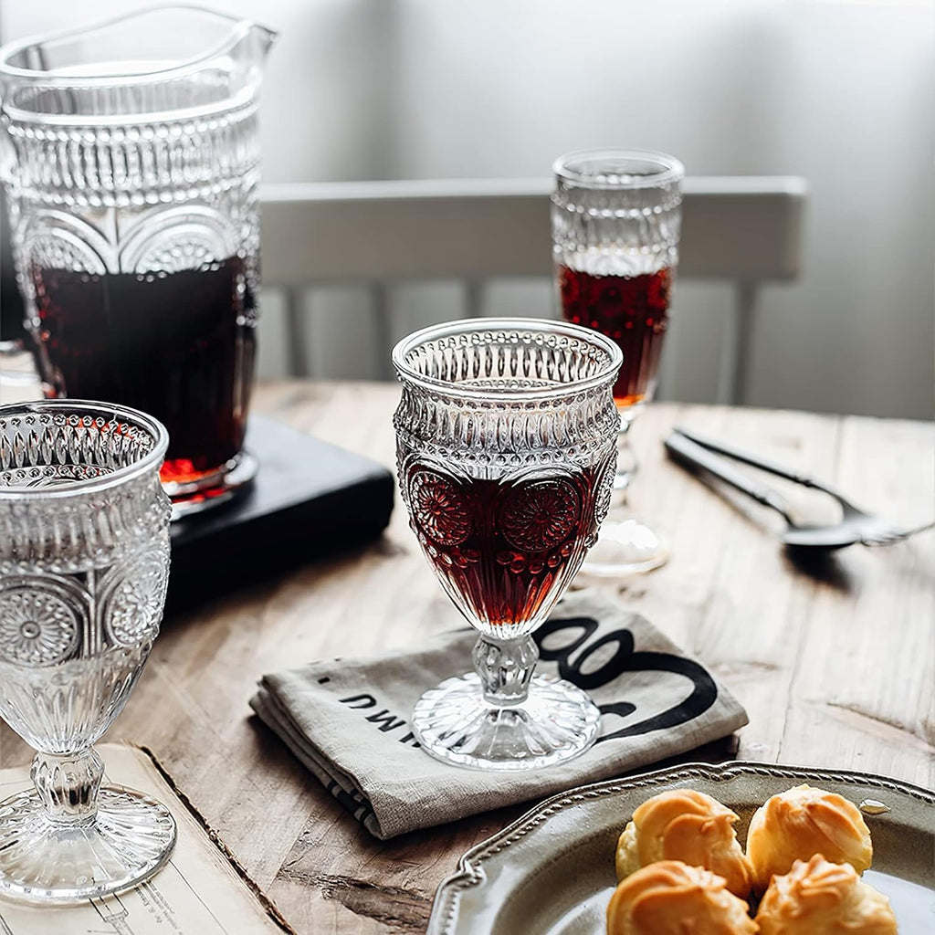 Vintage Goblet Glasses Set of 6, 10 oz Heavy-Duty Pressed Glass Water or Wine Glasses with Ornate Design for Dining