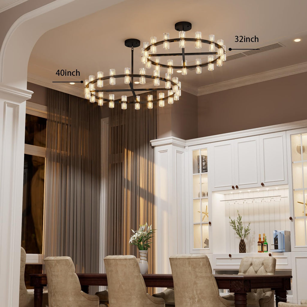 Inspired Arcachon Style Round Wagon Wheel Chandelier, 40" 40-Light Black, Crystal Shades — Foyer, Dining & Living Room