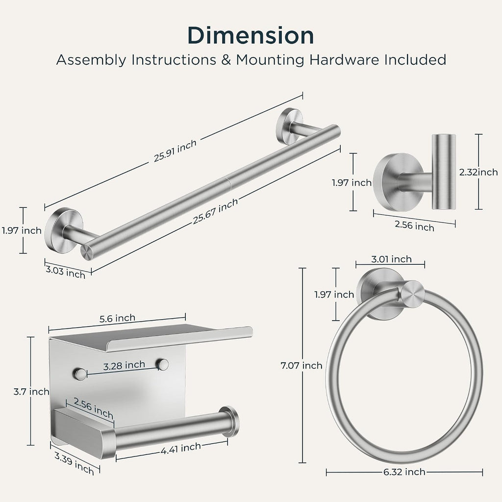 Bathroom Accessories, 5-Piece Bathroom Hardware Set - 24" Towel Bar | Brushed Nickel | Towel Hooks, Towel Racks