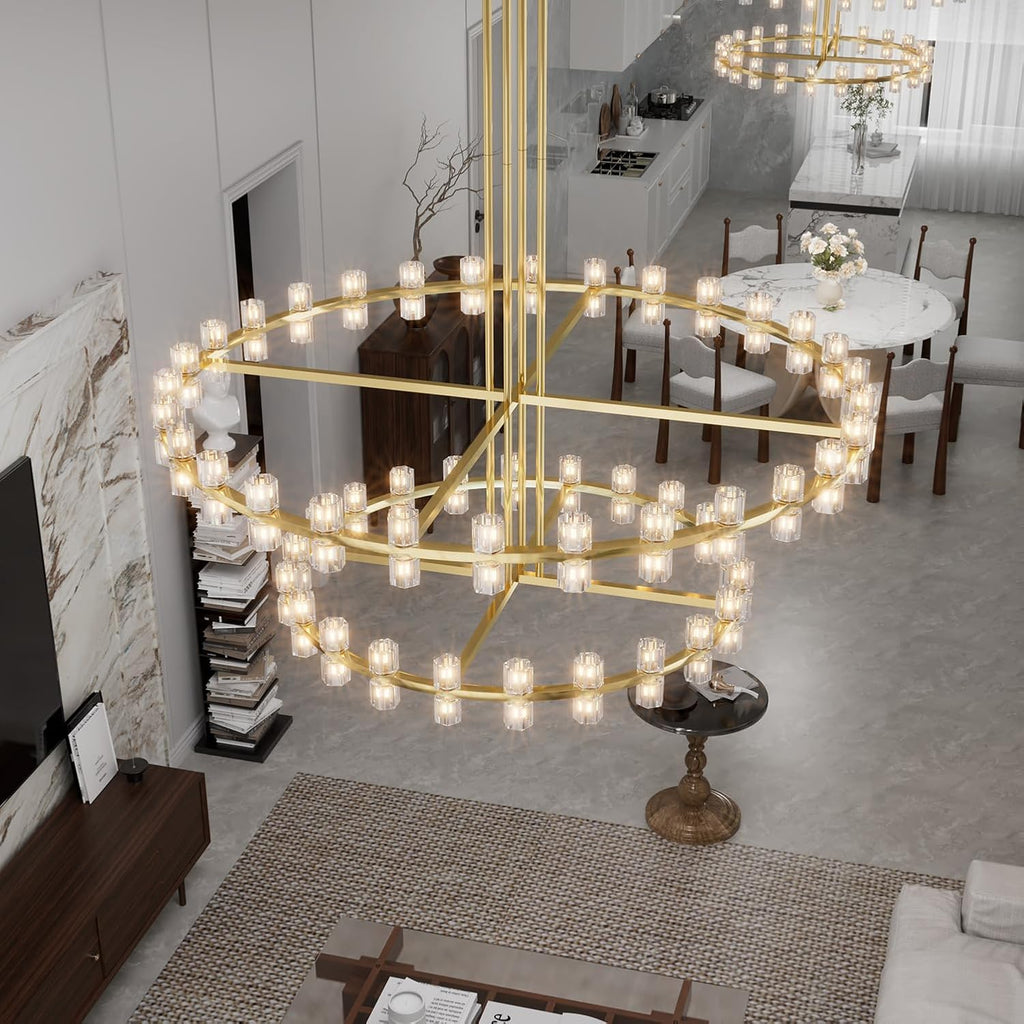 Inspired Arcachon Style 2-Tier Round Wagon Wheel Chandelier, 48" + 59" 108-Light Gold — Foyer, Great Room & Dining