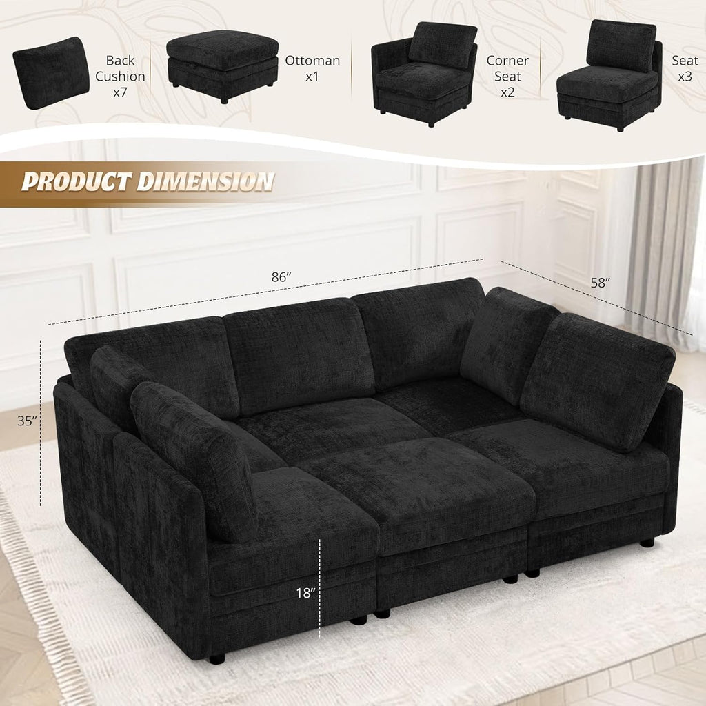 86'' Chenille Modular Couch with Removable Ottoman, 6 Seater Secional Sofa with Adjustable Backrests