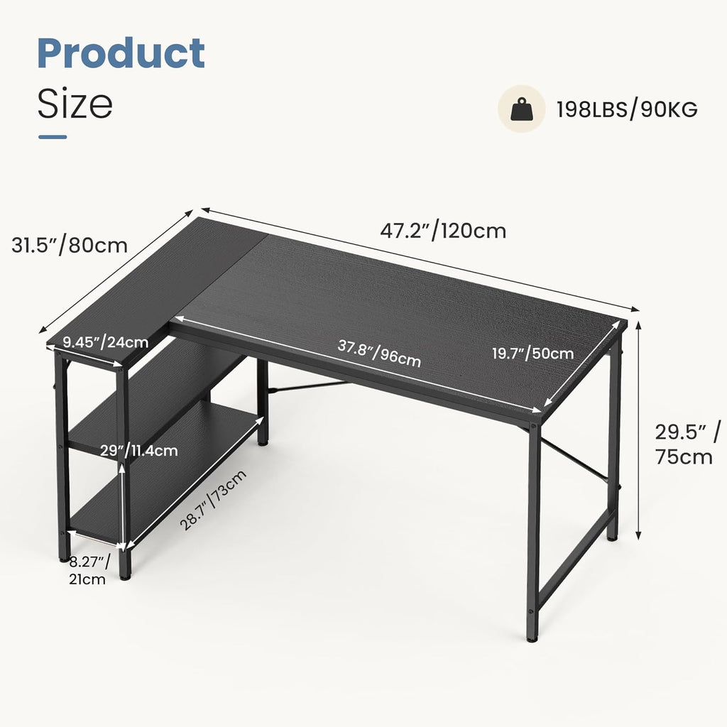 L Shaped Desk 47 Inch Computer Desk Gaming Furniture Corner Desks Home Office PC Table with Reversible Storage Shelves