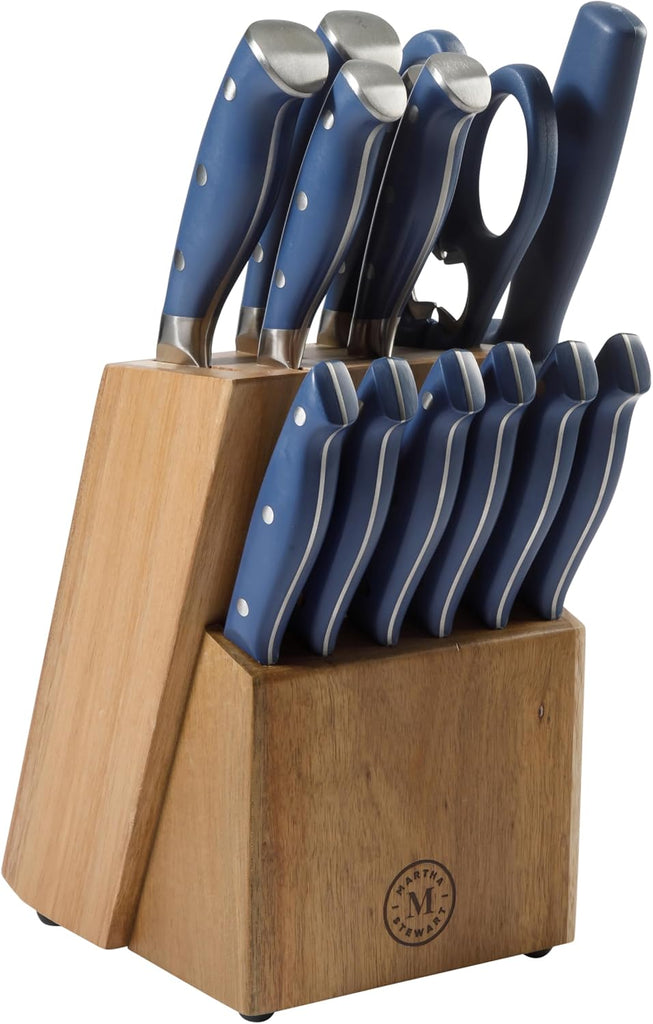 Greeley Forged High Carbon Stainless Steel 14 Piece Knife Block Set, Navy Blue Kitchen Knife Set with Acacia Wood