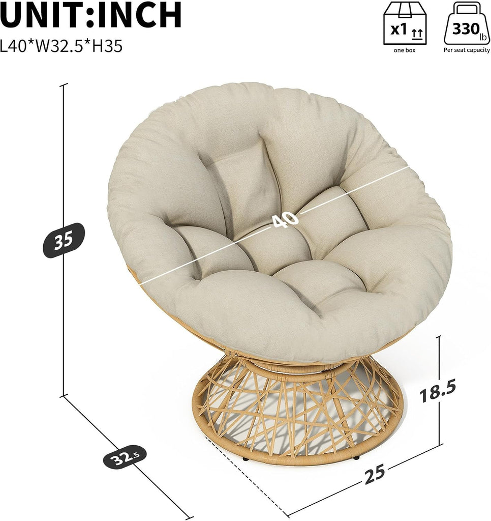 40" Ergonomic Wicker Papasan Chair, Beige, Natural Wood