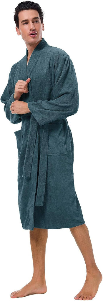 Men's Terry Cotton Robe, Absorbent Kimono Towel Bathrobe for Spa and Hotel, Soft Shower Calf Length Cloth with Pockets