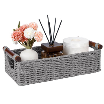 Small Wicker Toilet Basket Tray Organizer W/Cut Out Handle