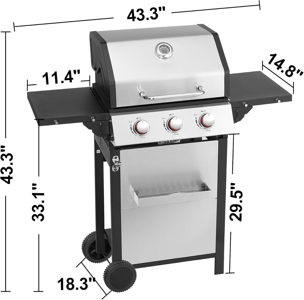 3-Burner Propane Gas Grill with Side Table and Thermometer, Stainless Steel Cabinet, Cast Iron Grates for Patio and Outdoor BBQ