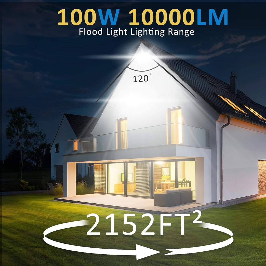 100W LED Flood Light Outdoor, 10000LM Super Bright Floodlight Outside Work Lightwith Plug, 6500K Daylight White LED