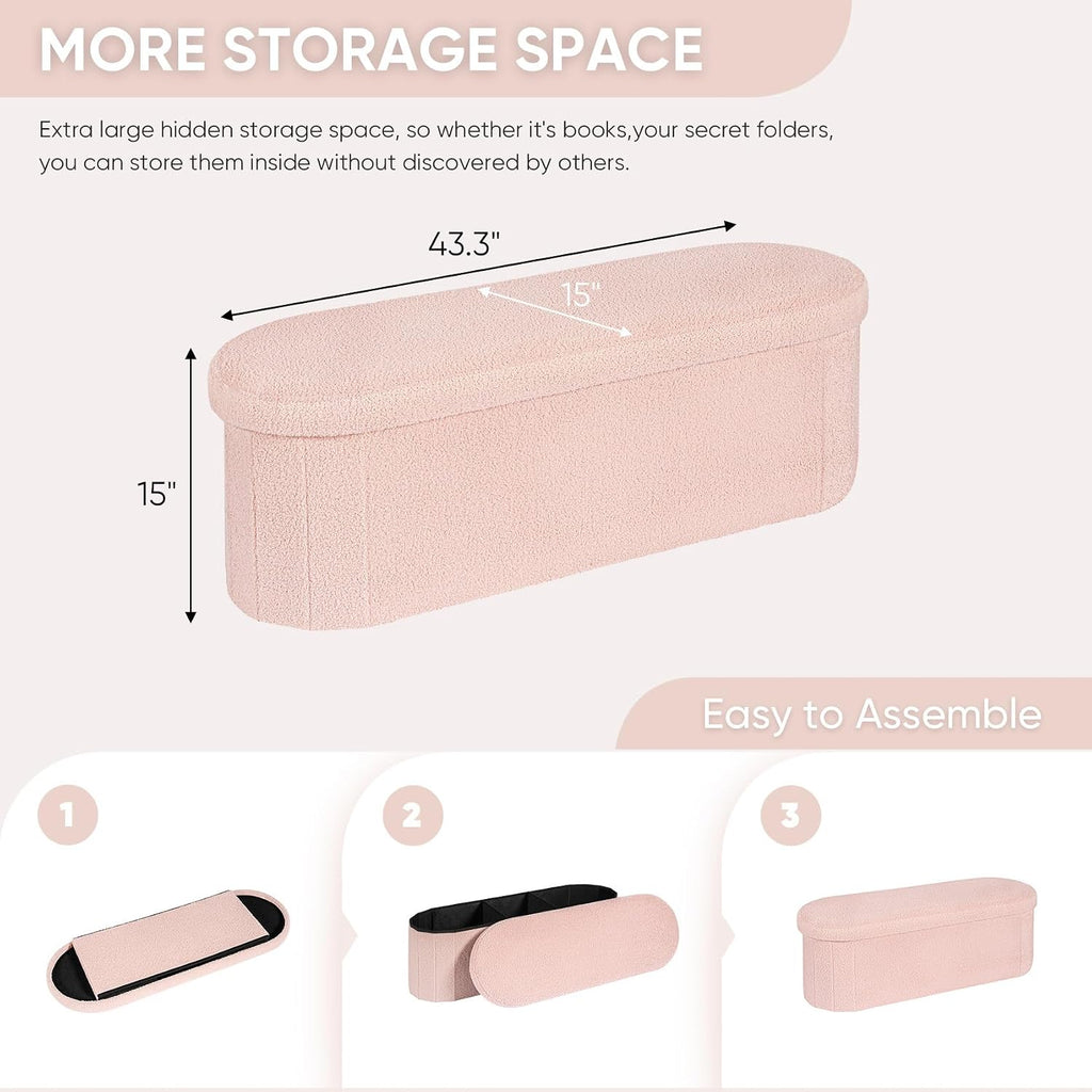 Ottoman with Storage , Sherpa Folding Storage Ottoman Foot Rest, 43.3 Inches Collapsible Bedroom Bench Pink