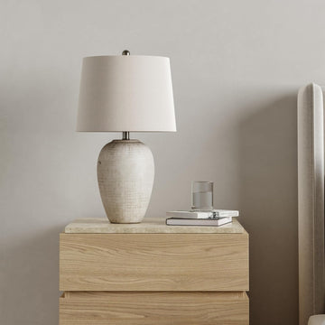 Home 23" Distressed Cream/Beige Rustic Ceramic Jar Table Lamp, Dining Office, with Ivory Shade