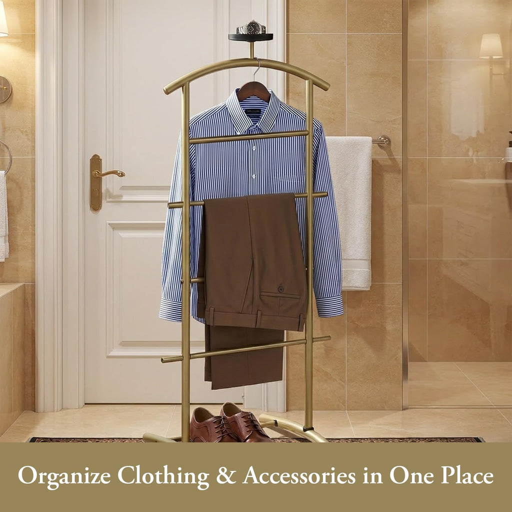 Freestanding Metal Suit Valet Stand with Tie Bar, Gold