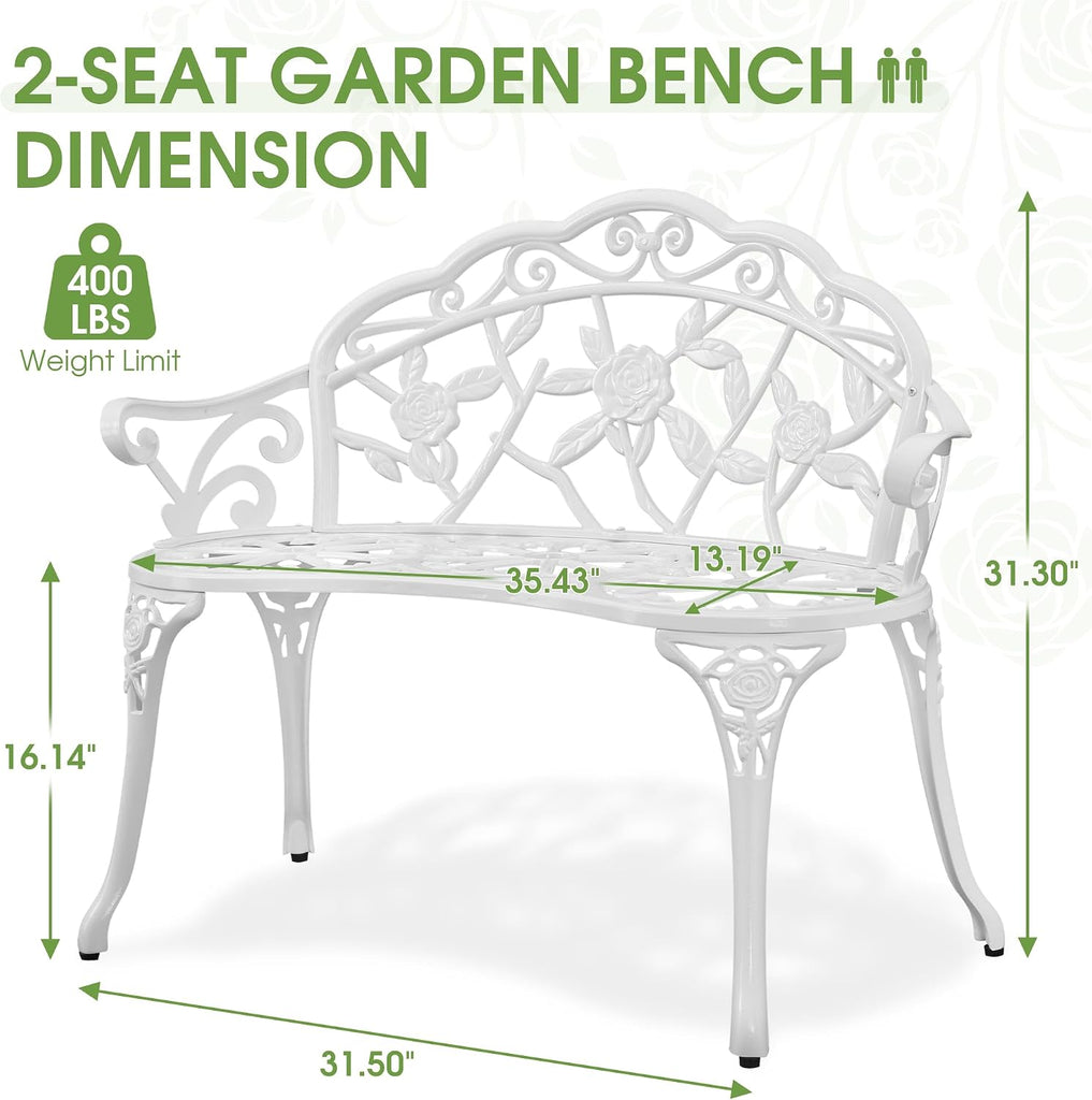 Outdoor Bench, Cast Aluminum Double Seating with Backrest and Armrests, Mental Outdoor Furniture , Porch, Garden