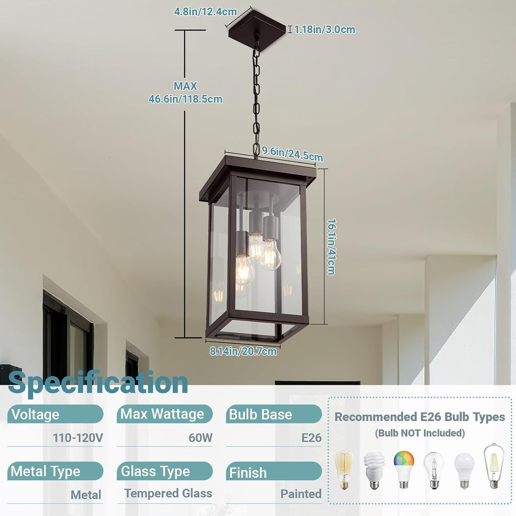 16'' Large Outdoor Pendant Light 3-Lights Oil Rubbed Bronze Outdoor Chandelier Exterior Hanging Porch Light Fixtures