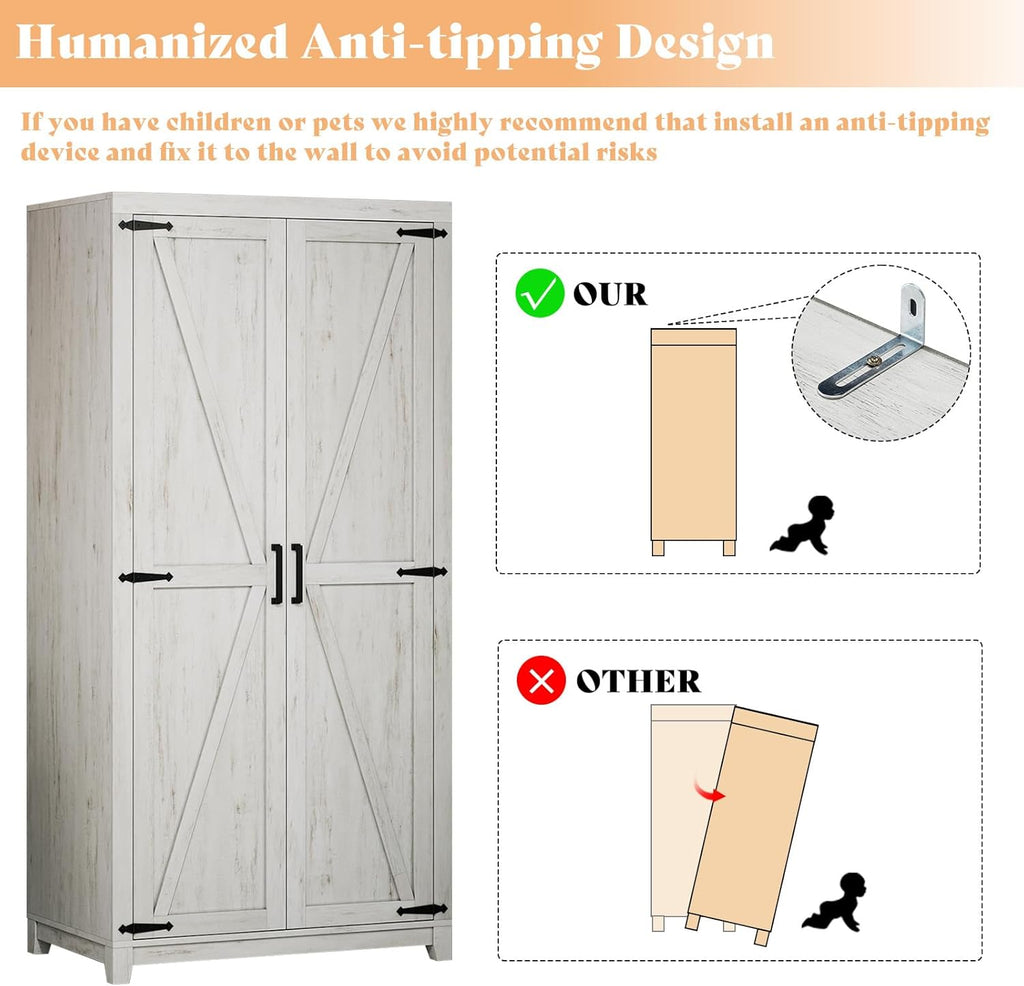 70" Large Armoire Wardrobe Closet with Hanging Rod, Farmhouse Clothing Storage Cabinet with 2 Barn Doors, Wooden Tall