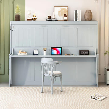 Queen Horizontal Murphy Bed with Desk,Wood Folding Hideaway Murphy Wall Bed for Adult,Guest Room,No Box Spring