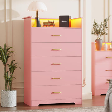 5 Drawer Dresser - 51" Tall Vertical Chest of Drawers with LED Light and Charging Station, Modern Organizer Cabinet