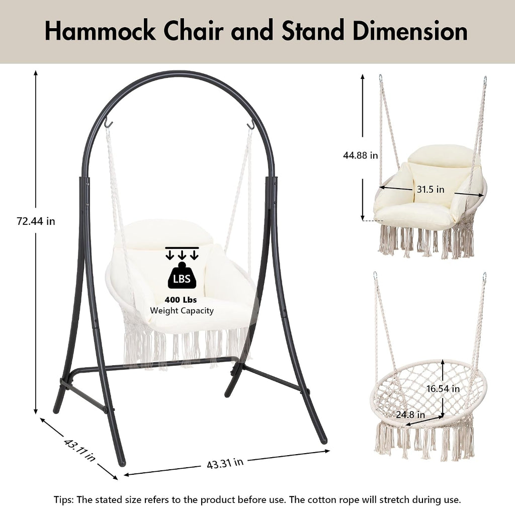 Outdoor Hanging Hammock Chair with Stand, Natural Macrame Swing Chair | Heavy Duty Hanging Chair Stand with Swing
