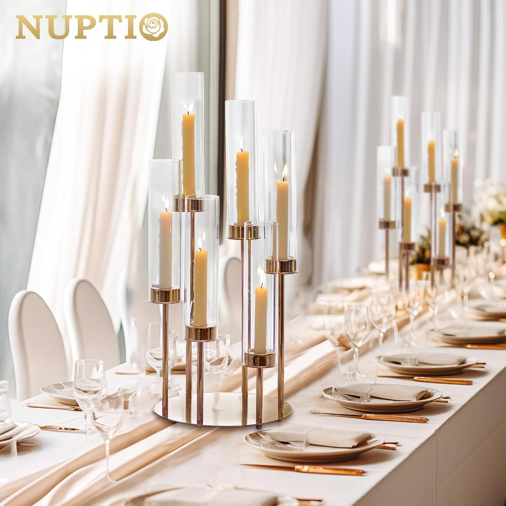 Hurricane Glass Candle Holders: 6 Arms Gold Metal Candlestick Candelabra with Removable Clear Cylinder Sleeve 24 inch
