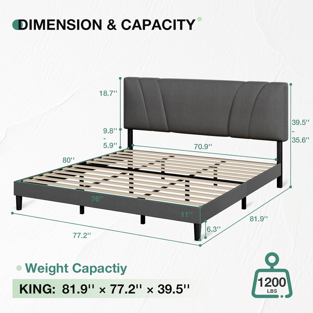 King Bed Frame and Headboard, Linen Upholstered King Bed Frame with Wood Slats Support, No Box Spring Needed