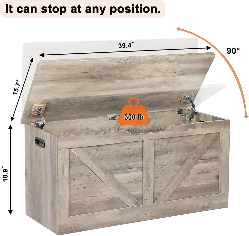 39.4" Storage Chest, Wooden Storage Bench, Large Storage Trunk | Entryway Shoes Bench with 2 Safety Hinges, Grey