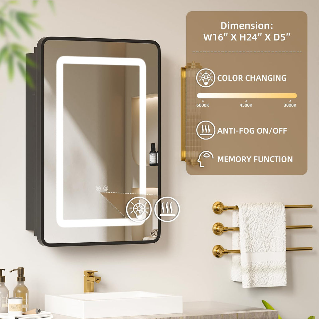 16x24 LED Medicine Cabinet with Mirror, Lighted Mirror Cabinet with Dimmable 3-Color Lights, Anti-Fog with HD