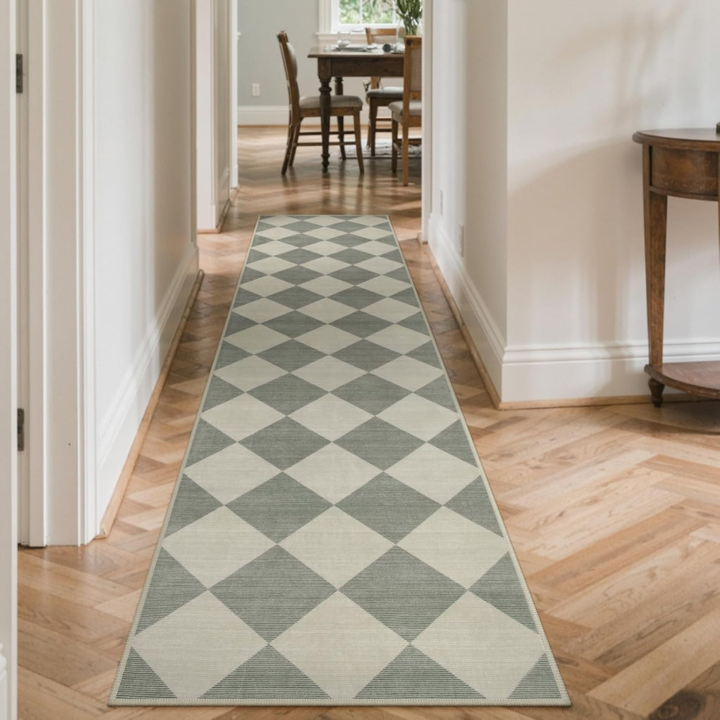 Checkered Print Rug Runners for Hallways 2.5x10, Green Kitchen Runner Rugs Non Skid Washable Ultra T