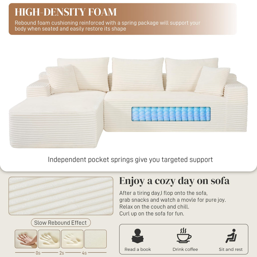 108" L Shaped Cloud Boneless Sectional Couches, Modern Comfy Modular Deep Seat Memory Foam Compressed Corduroy Sofa