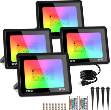 4 Pack 100W RGB LED Flood Lights, 12000LM Color Changing Smart Floodlight with Remote, Waterproof DIY Uplights for