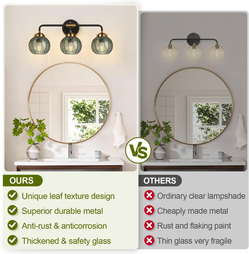 Bathroom Light Fixtures, 3-Light Green Vanity Lights with Unique Leaf Texture Glass Shade, Modern Matte Black and