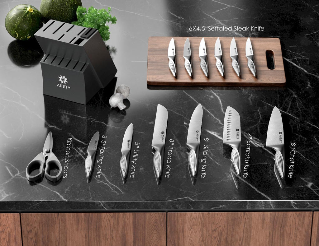 Knife Block Set, 15 PCS Knives Set , Stainless Steel | Ultra Sharp Kitchen Knife, Full Tang One-Piece Knife Set with